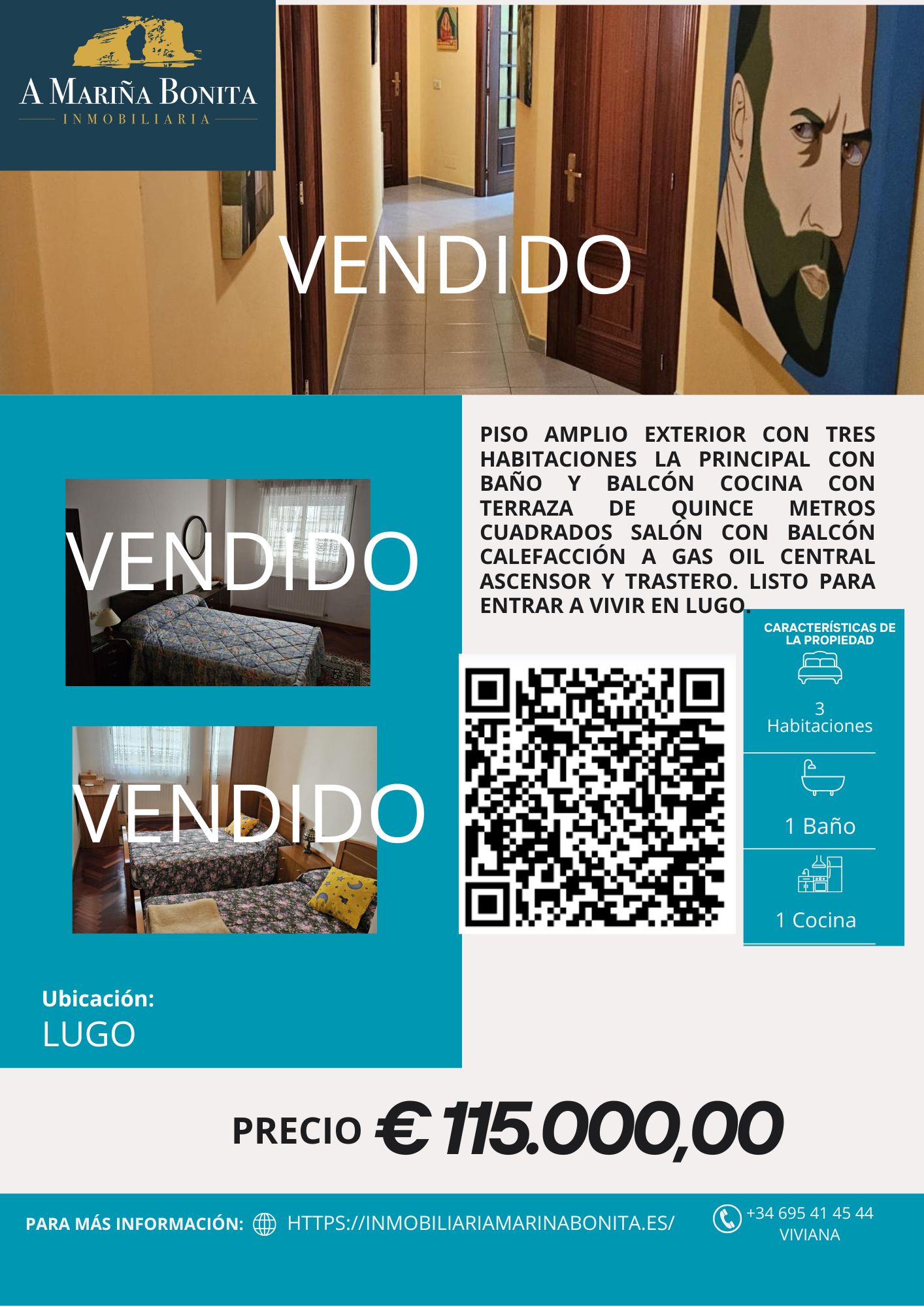VENDIDO – Piso amplio exterior con tres habitaciones la principal
